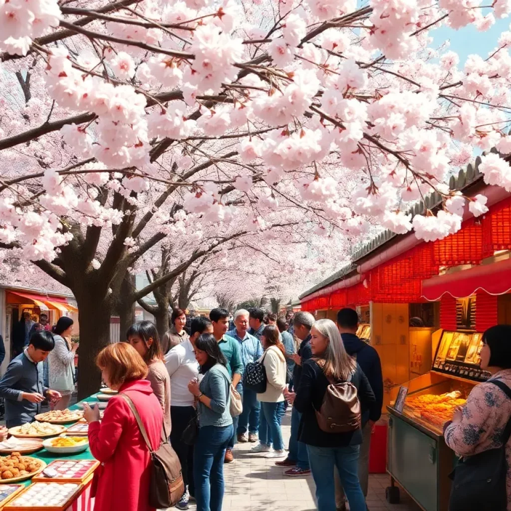 People celebrating at the Cherry Blossom Festival with cherry blossoms in the background.