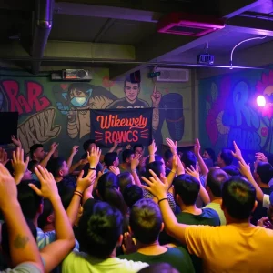 Interior of Commie House with murals and a concert crowd.