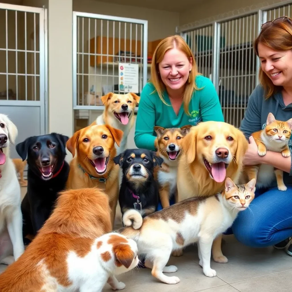 Volunteers engaging with pets in a shelter