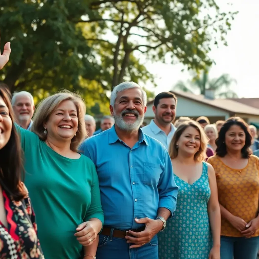 Group of people celebrating in a small town after the safe return of a missing teenager.