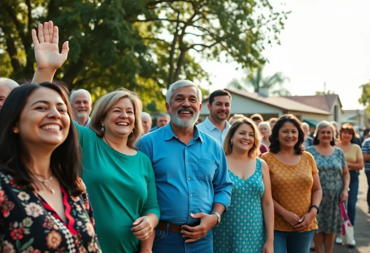 Group of people celebrating in a small town after the safe return of a missing teenager.