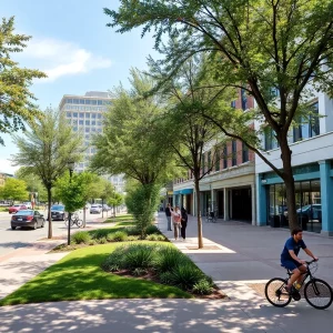 A bustling downtown Columbia scene showcasing pedestrian-friendly improvements.