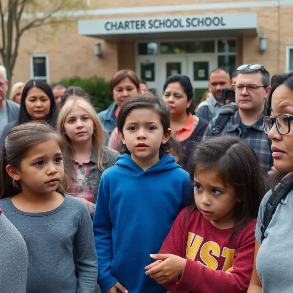 Parents and children expressing concern outside Green Charter School