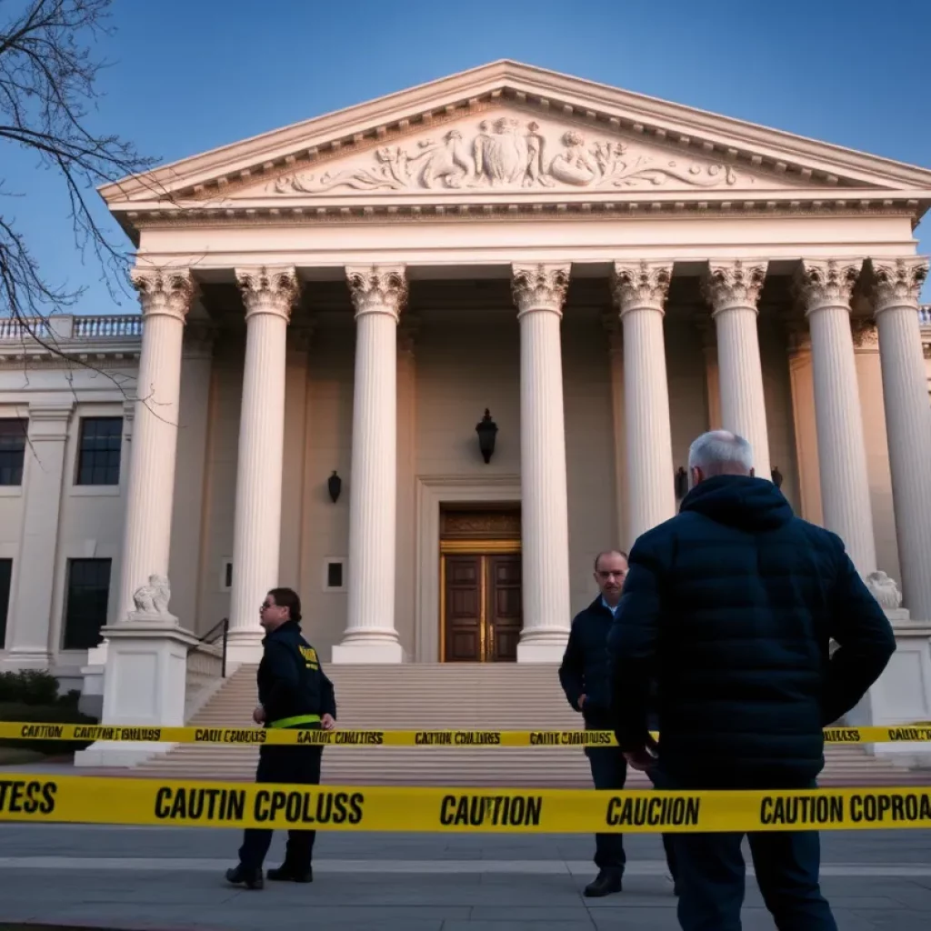 Federal courthouse with security, representing the indictment of threats against a political figure.