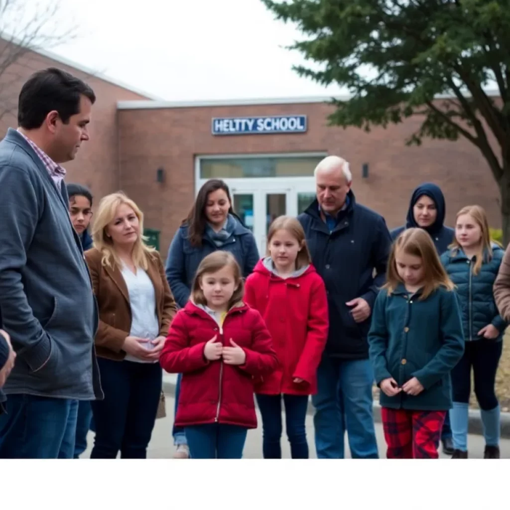 Parents and children expressing concern outside a charter school.