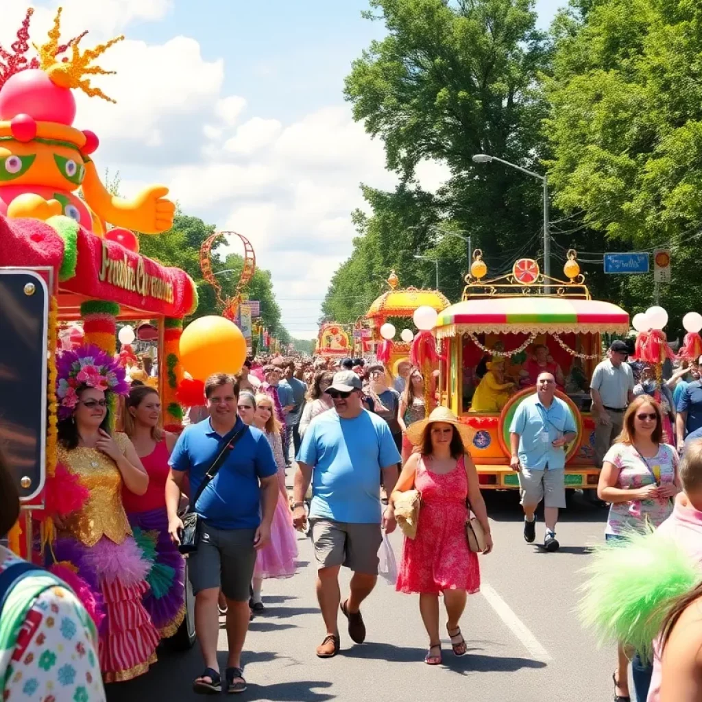 A lively Shamrock Parade in Lexington featuring colorful floats and joyful attendees.