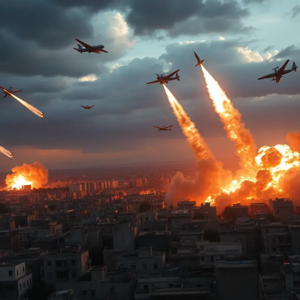 Aerial bombardment over a city representing conflict in Ukraine