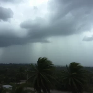 Heavy rainstorm in Southern California with dark clouds.