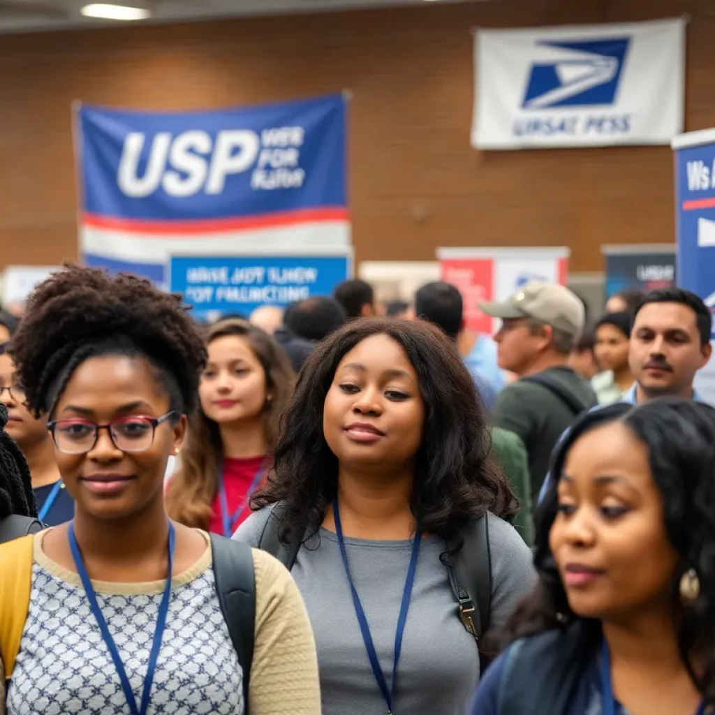 Group of diverse individuals attending a USPS job fair