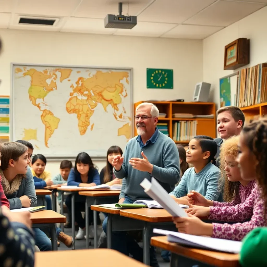 A cheerful classroom scene with a teacher and students engaging in a lesson