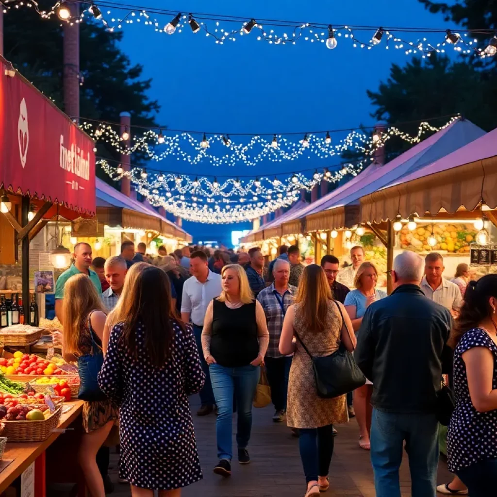 A lively atmosphere at the Columbia Food and Wine Festival with food and wine stalls.