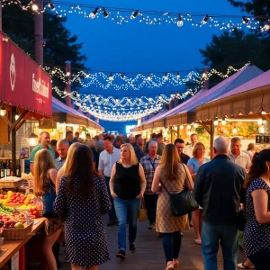 A lively atmosphere at the Columbia Food and Wine Festival with food and wine stalls.