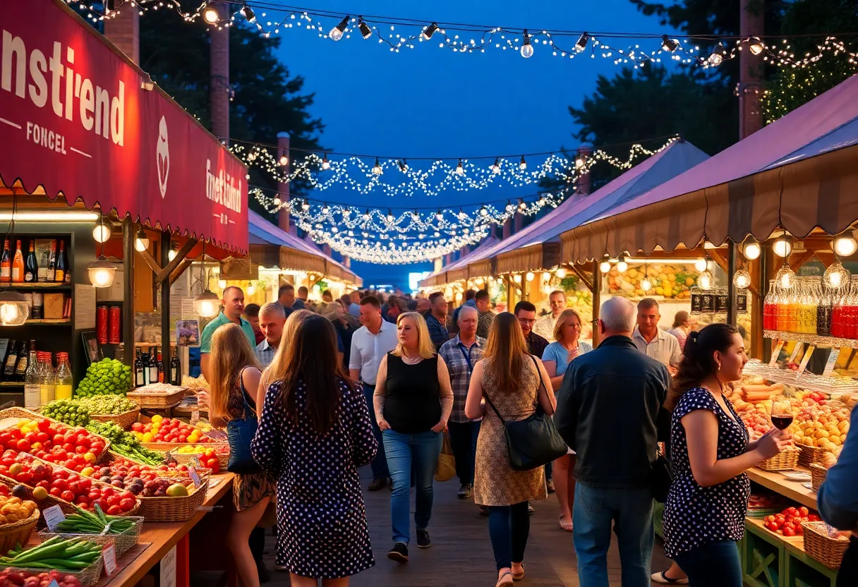 A lively atmosphere at the Columbia Food and Wine Festival with food and wine stalls.