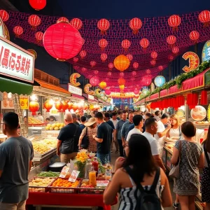 A lively scene from the Columbia Food and Wine Festival with food vendors and happy attendees.