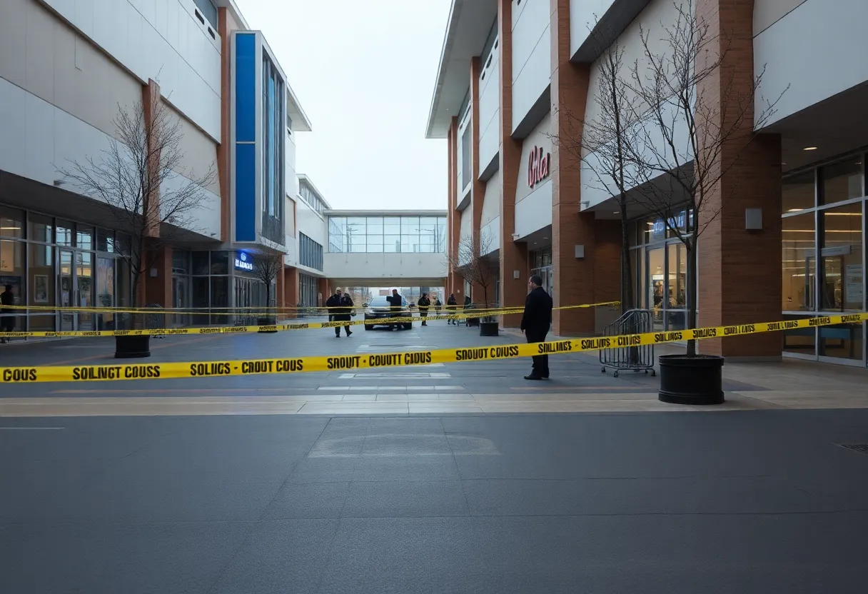 Scene depicting caution tape and police at Columbiana Centre mall after a shooting incident.
