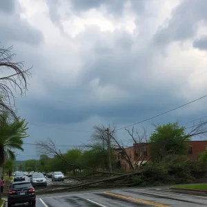 Urban street in Columbia, MO after severe storms with fallen trees and rain.