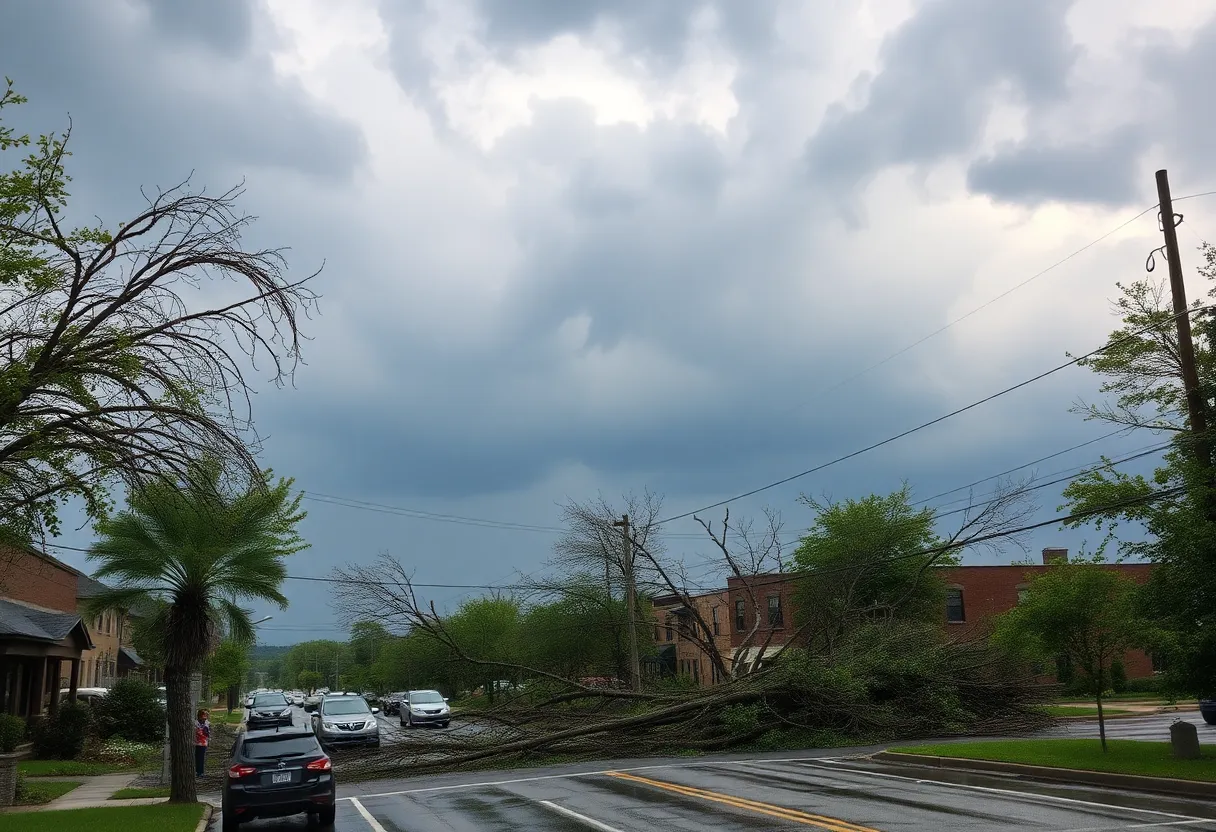 Urban street in Columbia, MO after severe storms with fallen trees and rain.