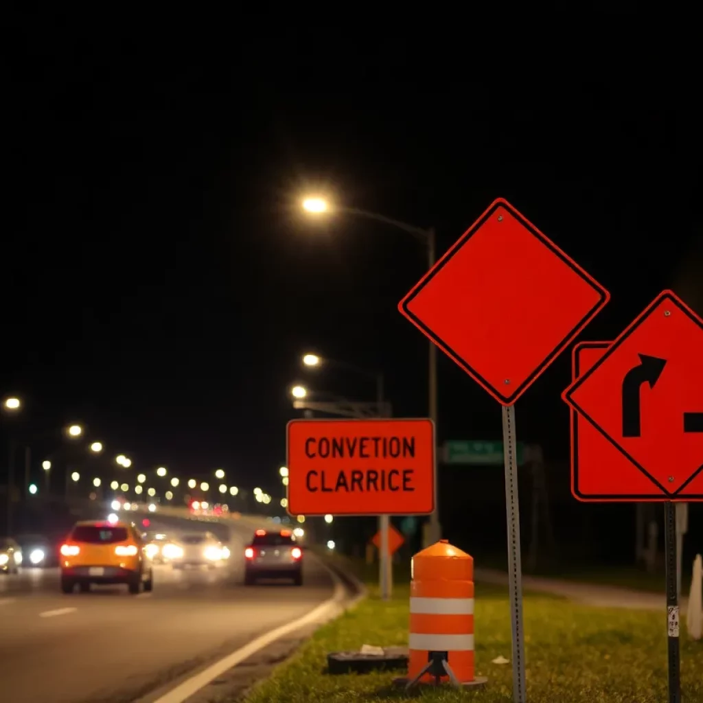 Nighttime view of road construction signs indicating detours in Columbia, South Carolina.