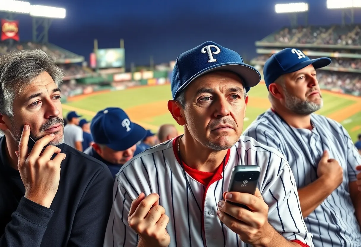 Disappointed baseball fans listening to a radio