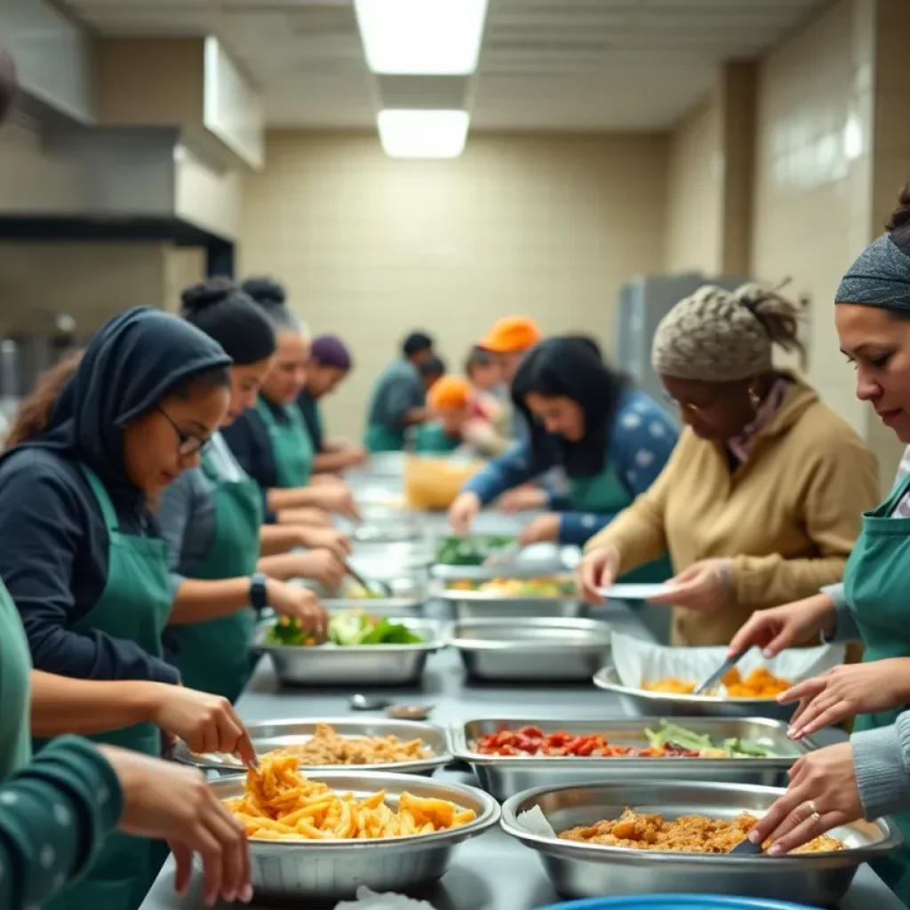 Volunteers preparing meals in a community kitchen for the homeless