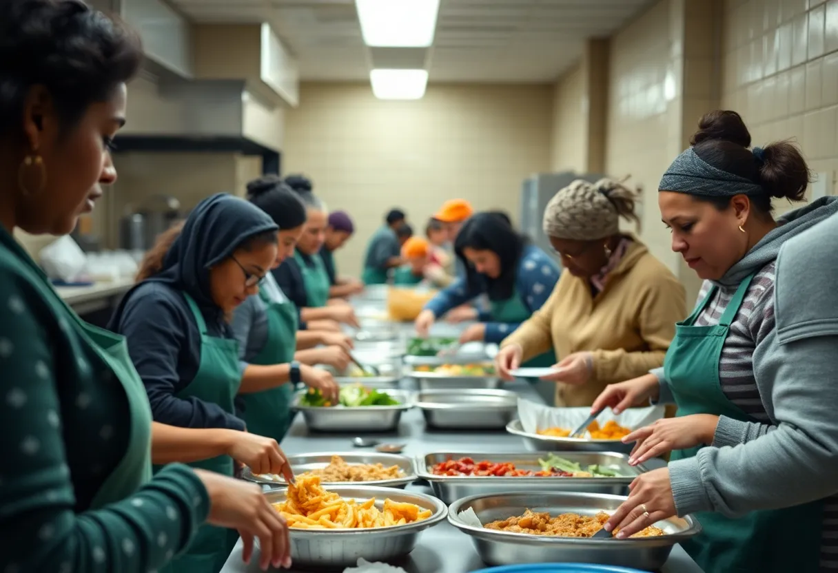 Volunteers preparing meals in a community kitchen for the homeless