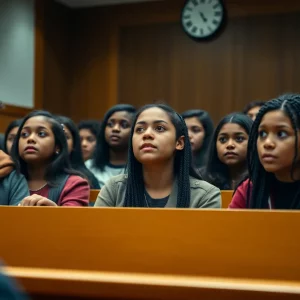 Students advocating in a courtroom for international student visa rights.