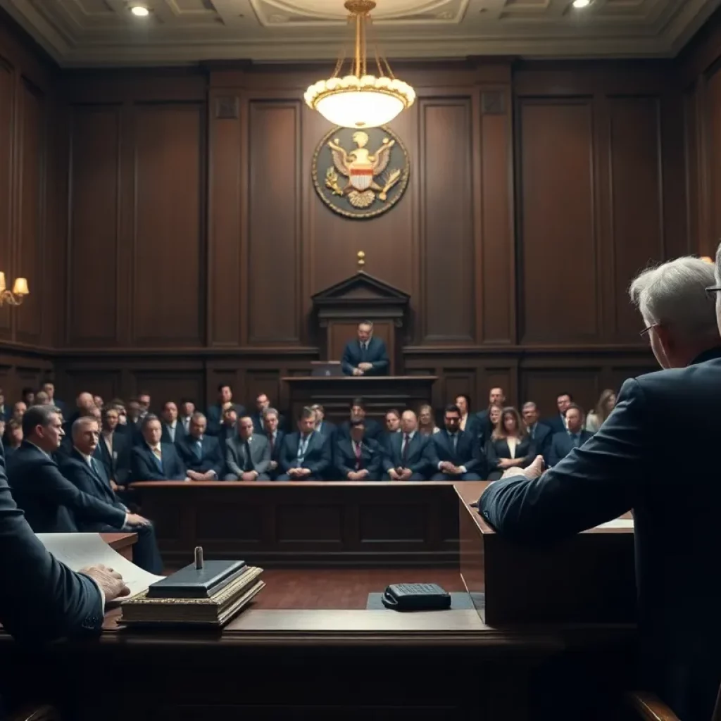 Courtroom scene depicting legal proceedings
