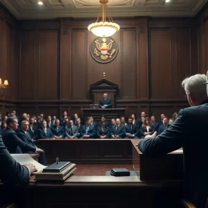 Courtroom scene depicting legal proceedings