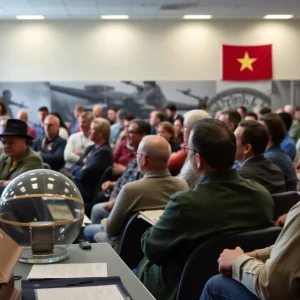 Audience attending a lecture about Vietnam War history