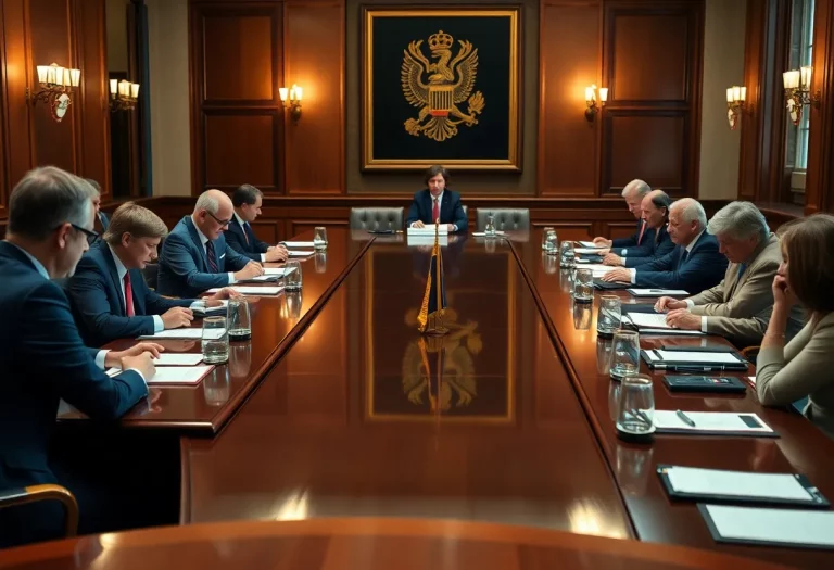 Diplomatic meeting with officials discussing at a large table