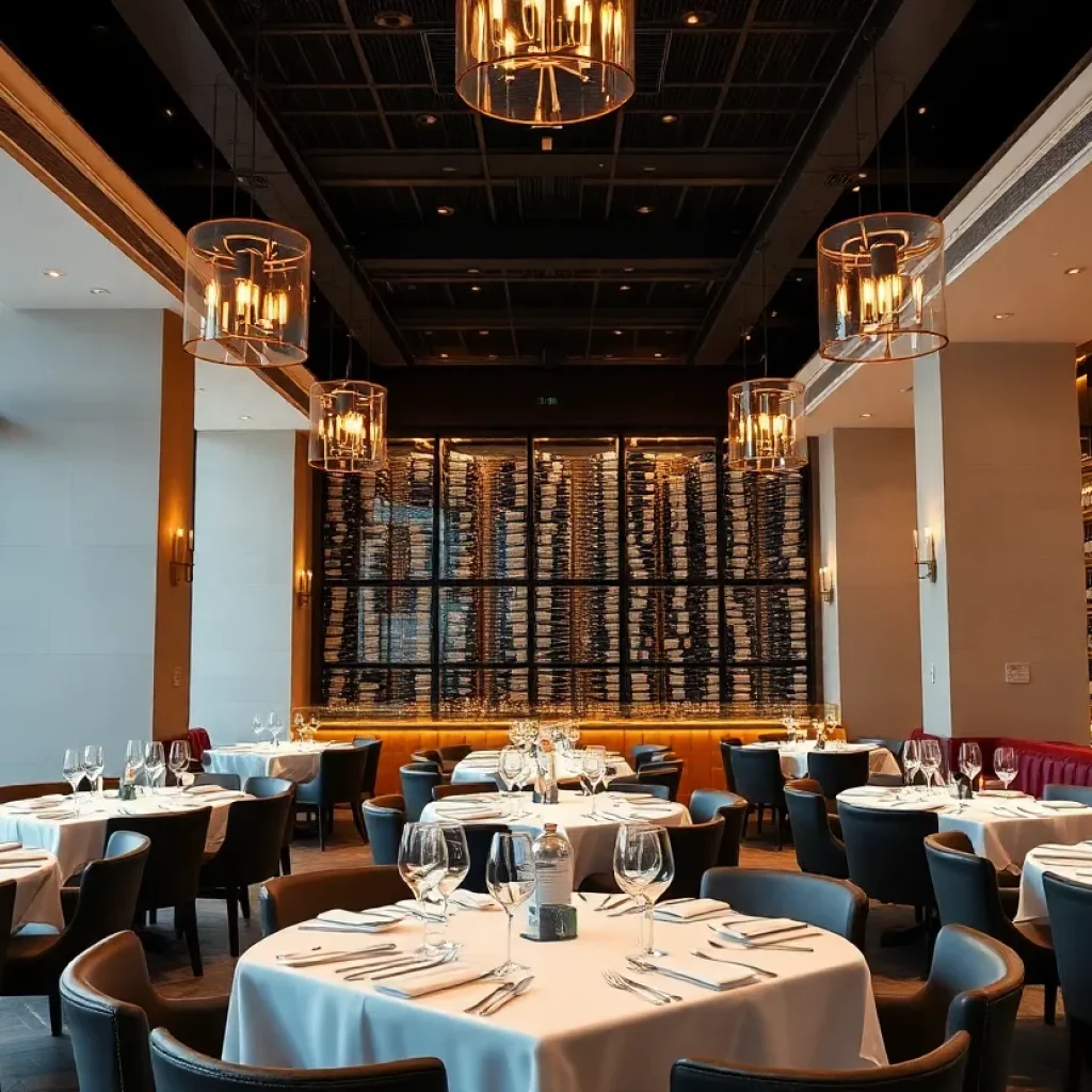 Upscale steakhouse interior with wine cellar