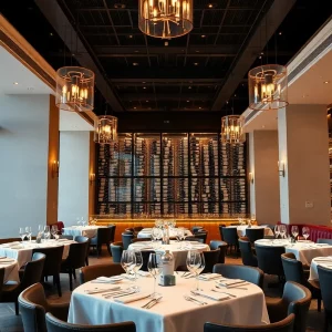 Upscale steakhouse interior with wine cellar