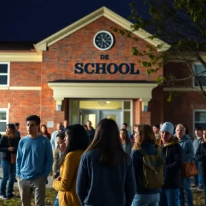 Community gathering outside school in response to band director arrest