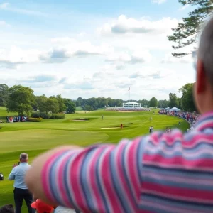 Landscape view of a golf course during a major tournament with spectators.