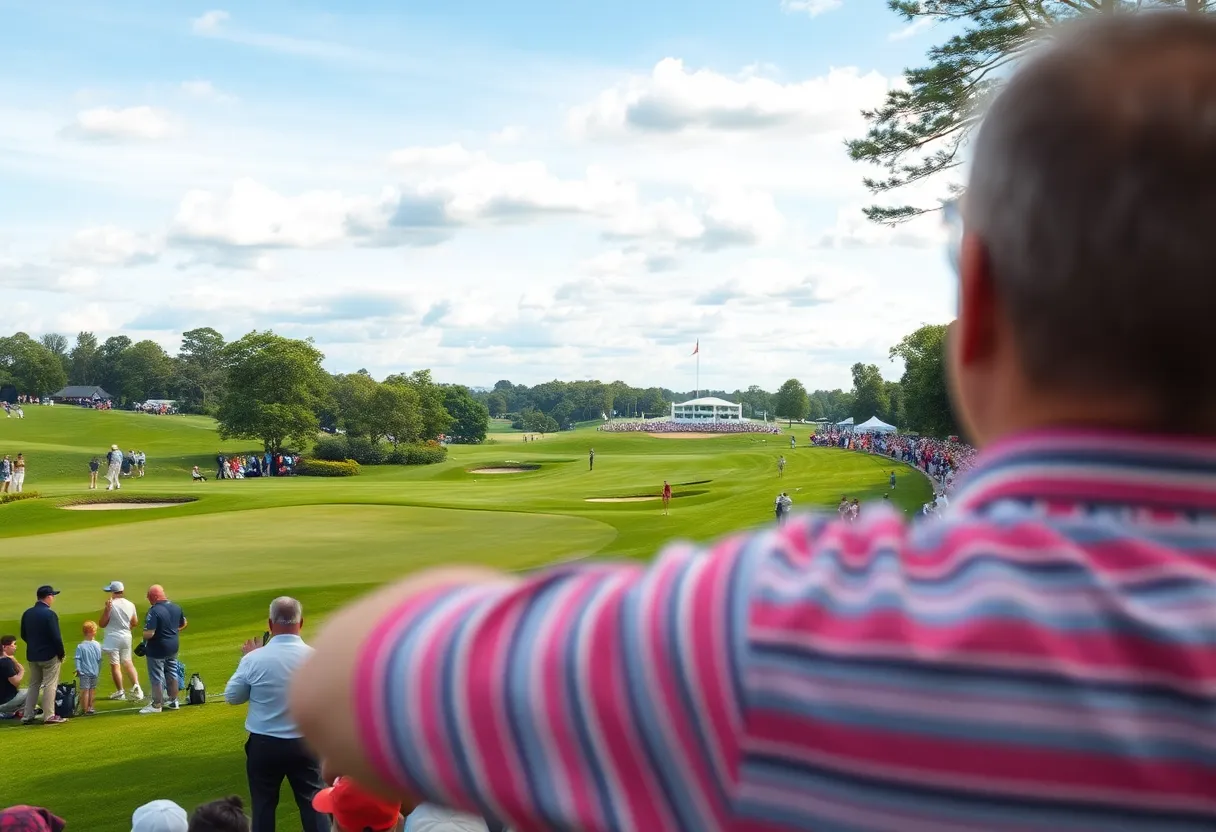 Landscape view of a golf course during a major tournament with spectators.