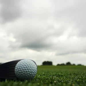 A scenic view of a golf course and equipment