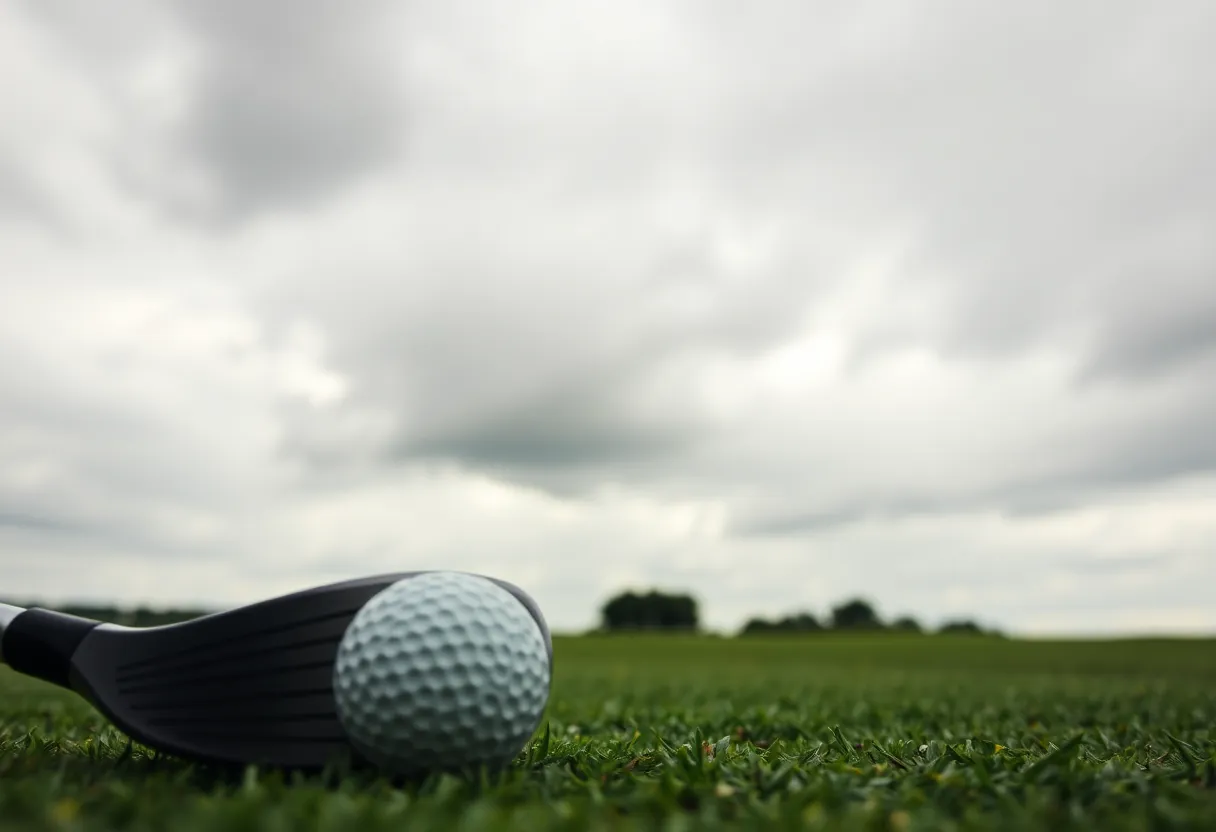 A scenic view of a golf course and equipment