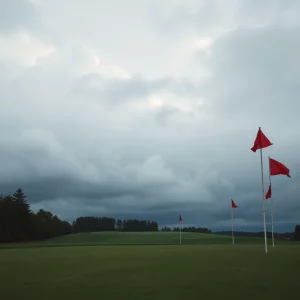 Empty golf course under cloudy sky representing uncertainty in professional golf
