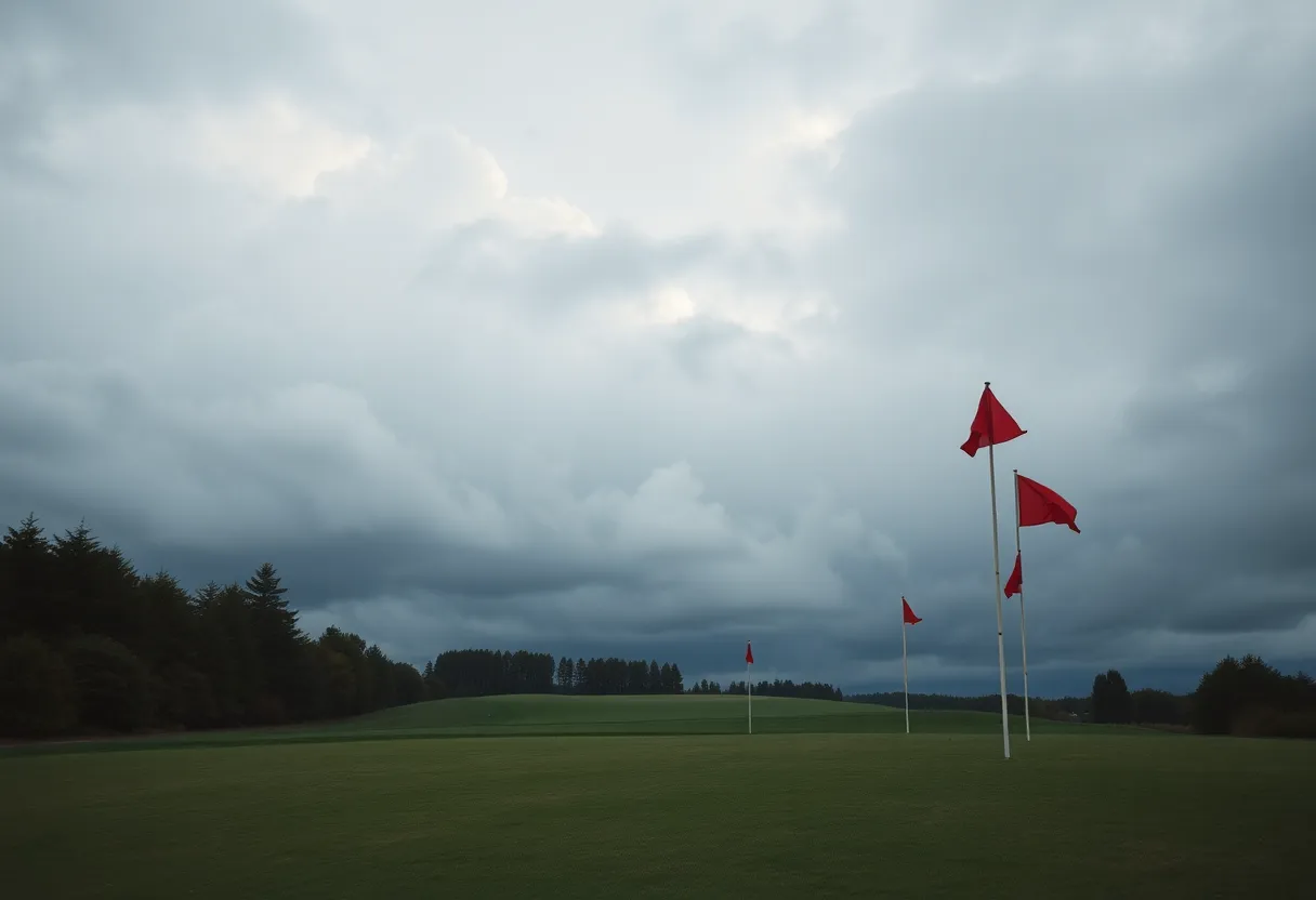 Empty golf course under cloudy sky representing uncertainty in professional golf