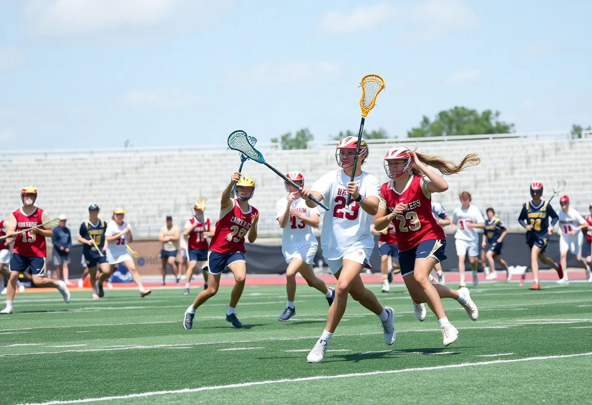 High school lacrosse players competing in a playoff match in Greenville
