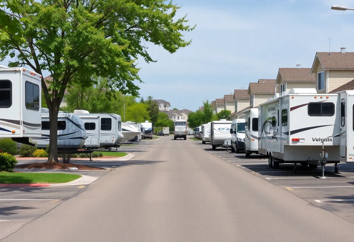 Irmo residential area with designated parking spaces for RVs and trailers.
