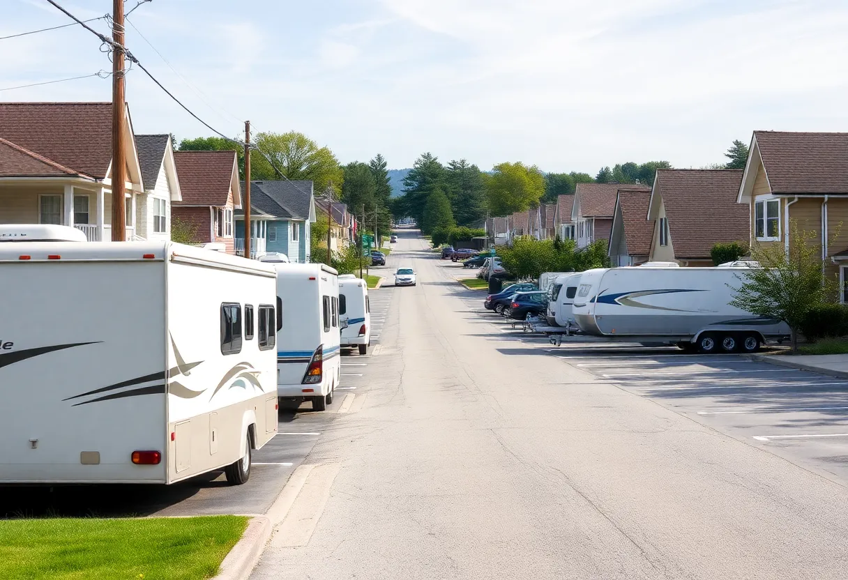 A serene view of a residential street in Irmo featuring clear parking guidelines for recreational vehicles.