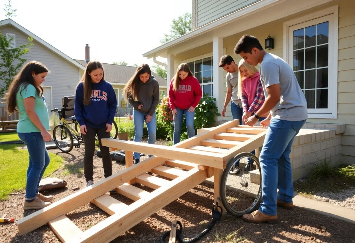 High school students constructing a wheelchair ramp
