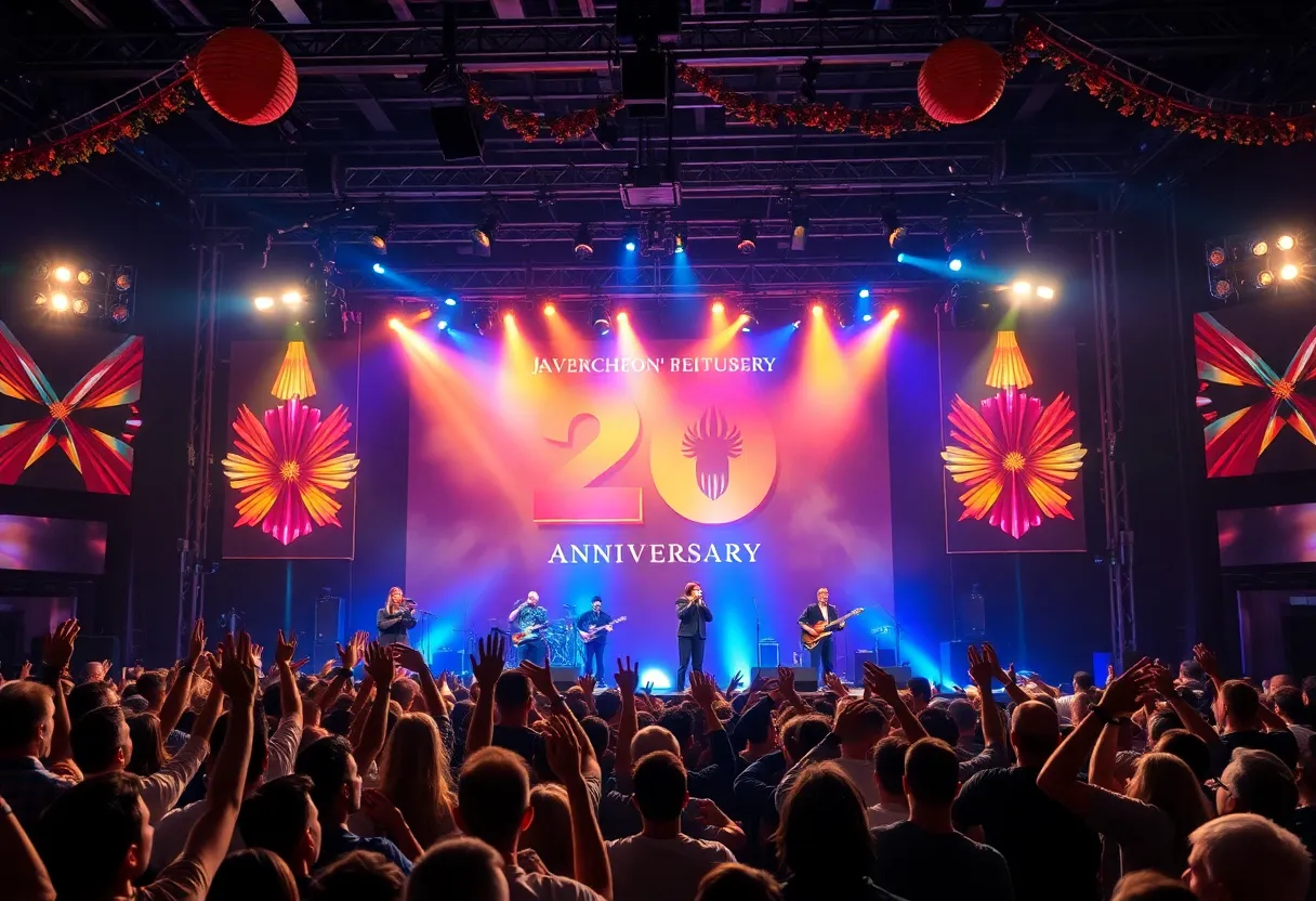 Audience enjoying a concert with colorful stage lights.
