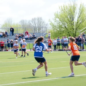 High school lacrosse players competing on the field with spectators in the background.