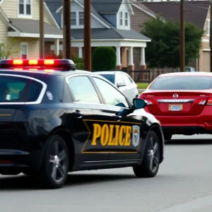Police car pursuing a speeding vehicle on a city street