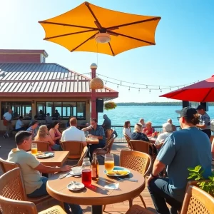Guests enjoying a meal at Liberty Tap Room overlooking Lake Murray