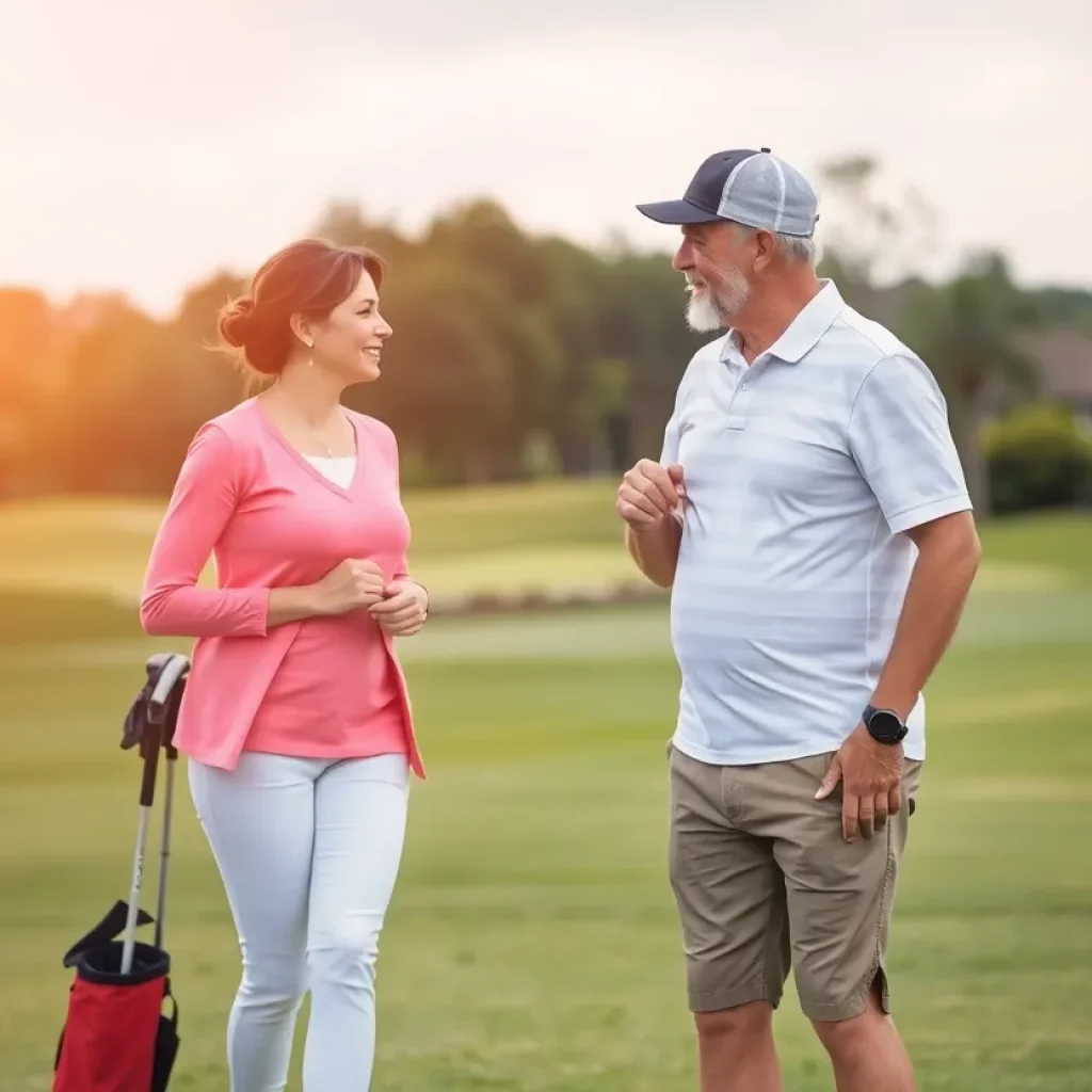 Couple sharing a supportive moment on the golf course