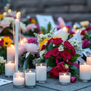 Flowers and candles at a memorial site for Jerad Devin Rose