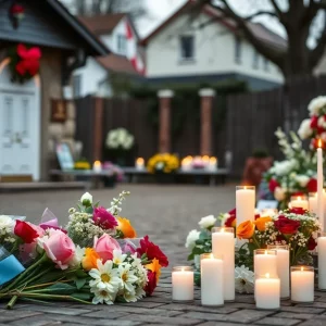 A memorial setting with flowers and candles honoring a beloved young man.